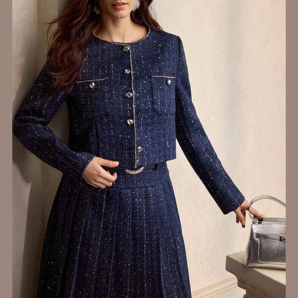 Navy Tweed Chain Trim Cropped Button Front Jacket